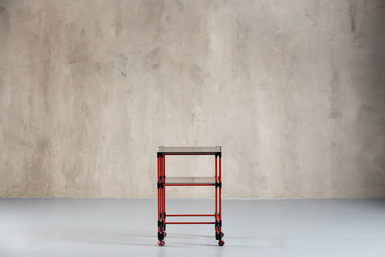 Red Metal And Glass Bar Cart, Italy, 1970'