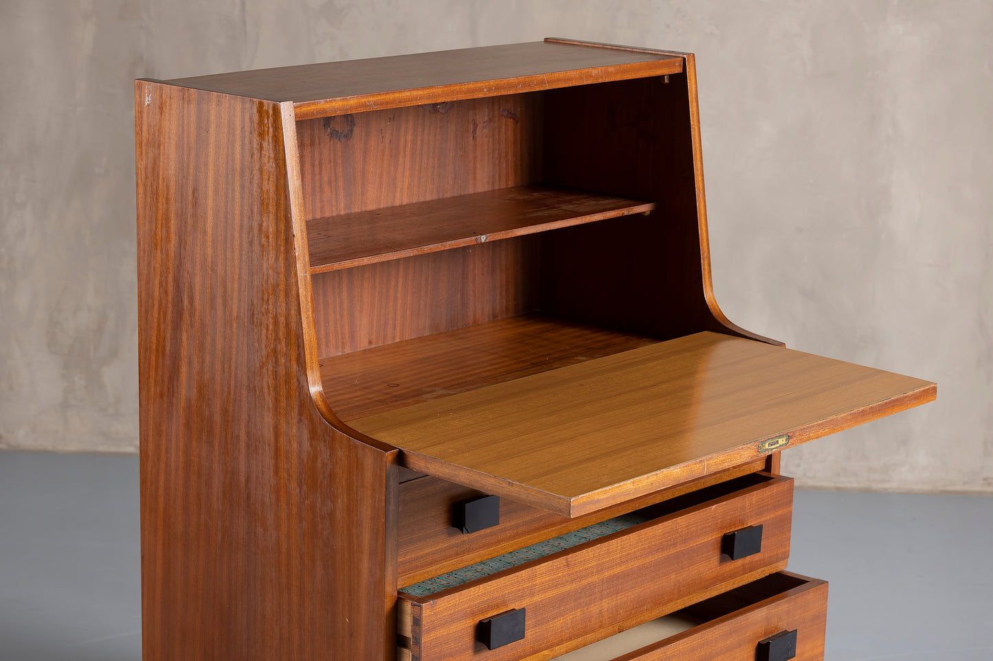 close up of interior of a teak secretaire furniture