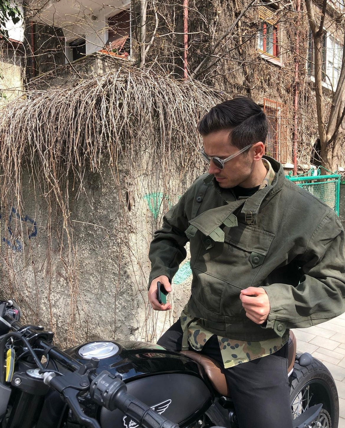 Man wearing Army Motorcycle Canvas Jacket
